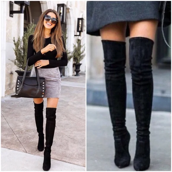 Sam Edelman Kristie Over The Knee Black Suede Kitten Heel Zip Up Point Toe Boots - Picture 2 of 16